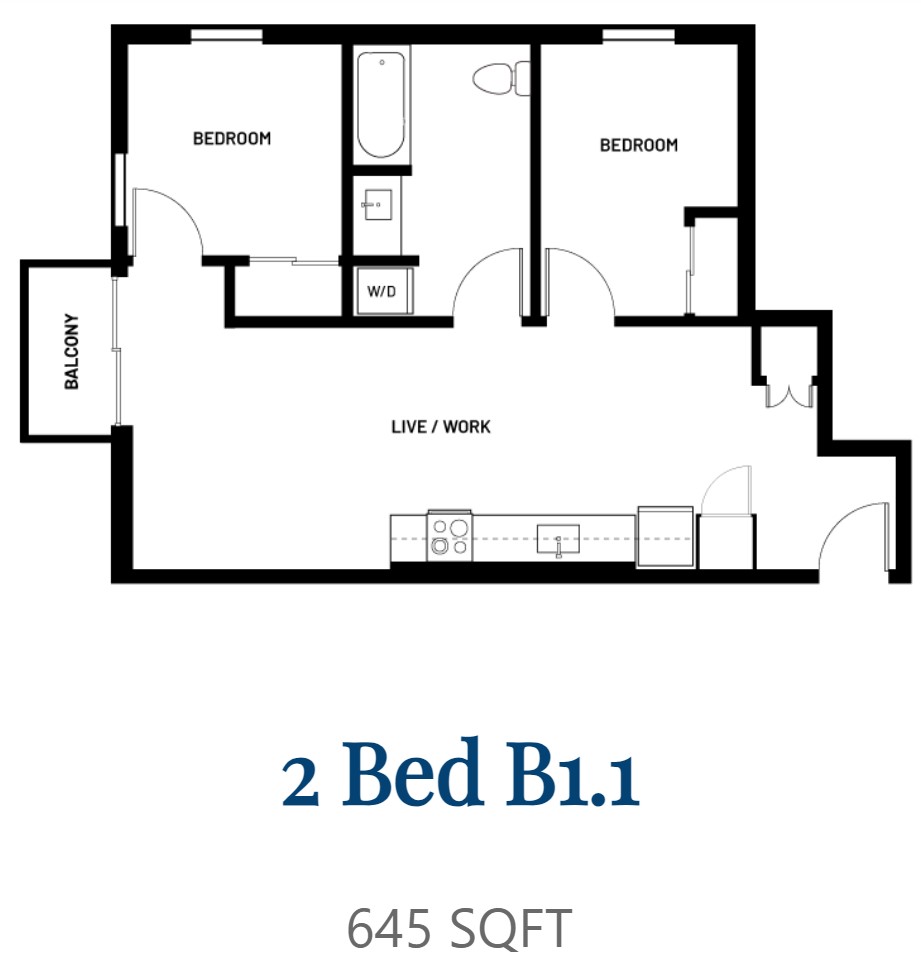 Floor plan for 2 beds, 1 bath, 645 sqft